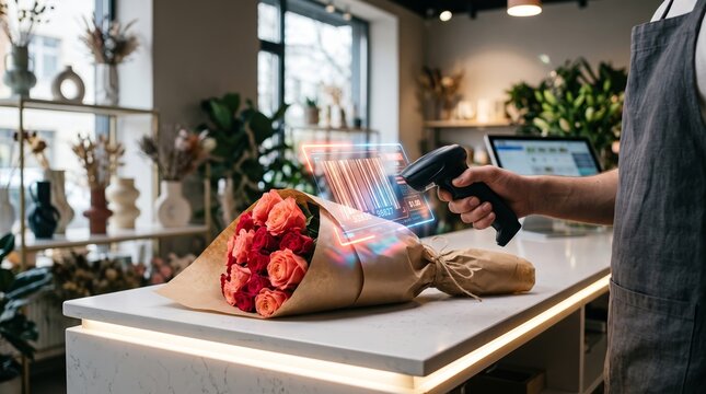 Florist scans a wrapped rose bouquet with a barcode reader at a flower shop counter. Concept retail technology, floral sales, checkout automation and small business marketing. Generative AI.