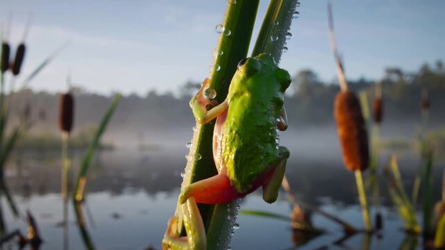 Dawn light spurring green tree frog climbing dewy reed stem in misty cattail marsh seeking perch