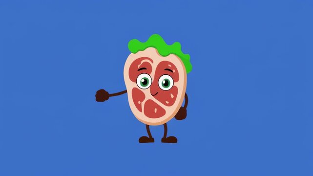 Animated Beef Steak Character Dancing with Joy against a Blue Background Seamlessly