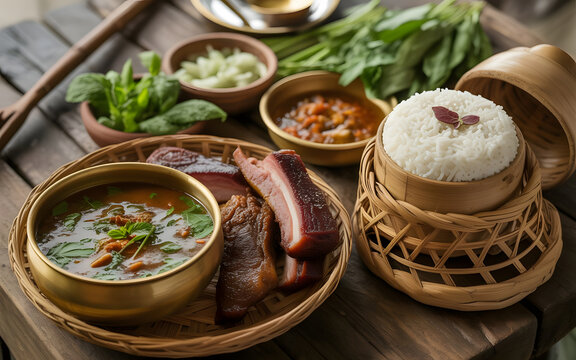 Authentic Mizo Thali with Bai Vegetable Stew, Smoked Pork, Steamed Rice, Fermented Vegetables and Chili Paste Served on Bamboo and Clay Dishware, Traditional Mizoram Tribal Cuisine