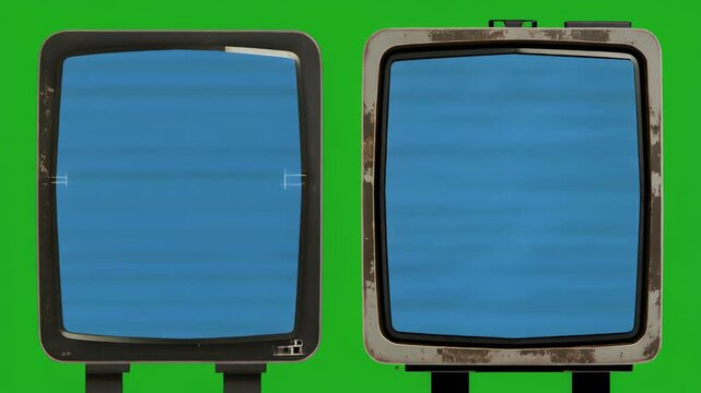 Vintage Television Screen Array on Green Screen with Subtle Blue Static Transition