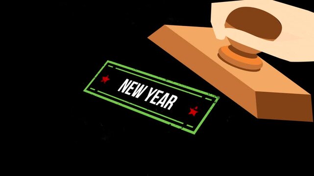 A wooden stamp marking the new year text on a surface with floating smoke effects