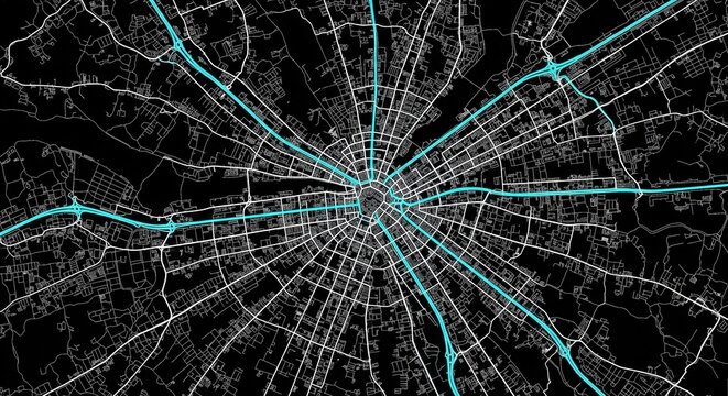 Radiant City Map with Glowing Teal Highways and White Streets on a Dark Background, Seen from Above