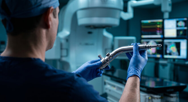 Oncologist calibrating radiotherapy device handle in modern cancer treatment room.