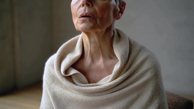 Inhaling senior woman lifting head, parting lips in quiet room wearing cream shawl preparing speech