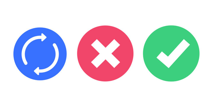 Check mark tick icon set, error wrong sign symbol ui interface element, correct approve pictogram, update sync loop graphic circle round button image clip art