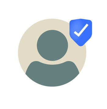 Verified secure user profile account icon modern minimal vector ui interface element graphic, avatar with shield success safety authentication check mark, valid approved identity confirmation clip art