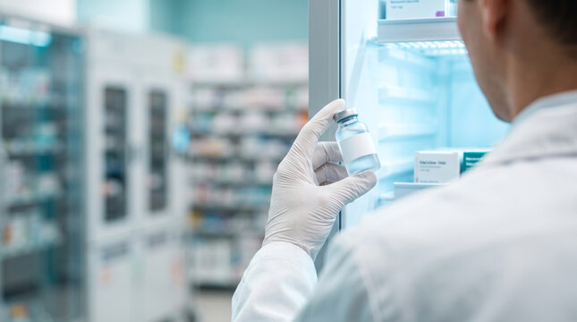 Pharmacist taking cold vaccine glass vial from bright medical cooling refrigerator.