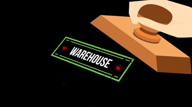 Wooden rubber stamp pressing a green warehouse label with surrounding smoke effect