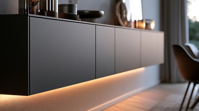 Modern matte black floating sideboard with integrated warm LED under cabinet lighting in contemporary living room.