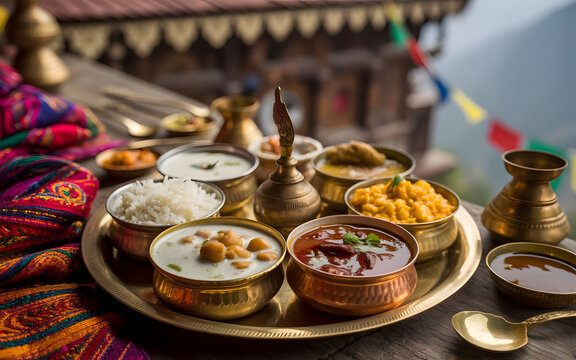 Authentic Himachali Dham Thali with Madra Curry, Rajma Dal, Basmati Rice, Curd and Sweet Rice Pudding Served on Brass and Copper Plates in Rustic Mountain Kitchen Setting