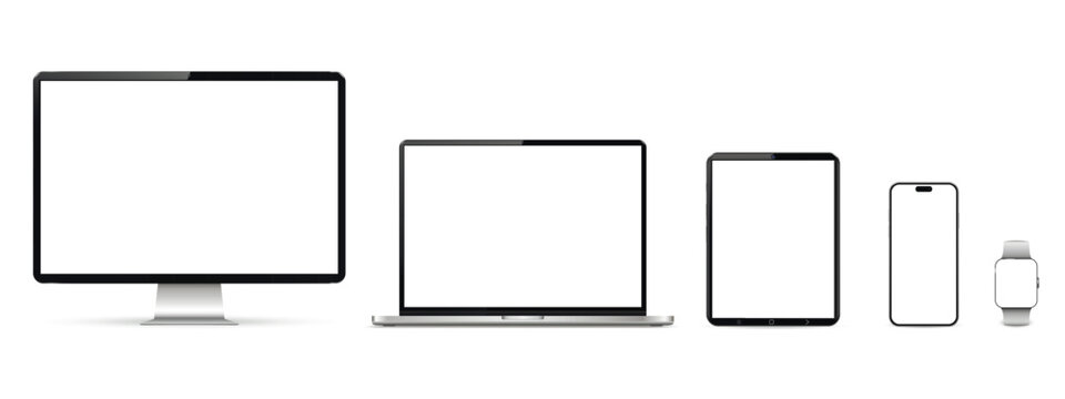 Realistic computer screen, laptop, tablet, smartphone and smartwatch devices on white background isolated