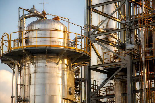 Industrial chemical processing plant with large metal tanks and complex piping under a bright sky.