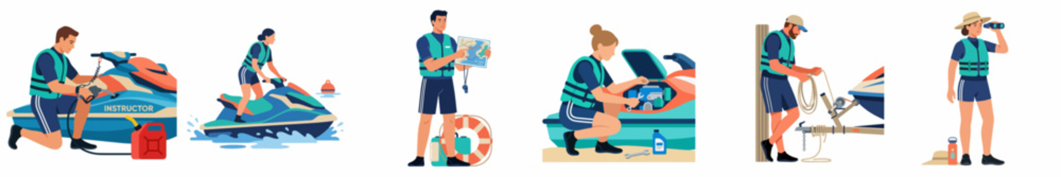 Vector illustrations of jet ski safety procedures including refueling, engine maintenance, wearing life vests, and using navigation tools.