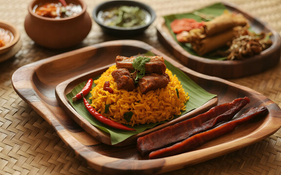 Traditional Khasi Thali from Meghalaya Featuring Jadoh Rice with Pork, Red Chili Chutneys, Boiled Greens and Smoked Meat Served on Handcrafted Wooden Plates, Authentic Tribal Cuisine