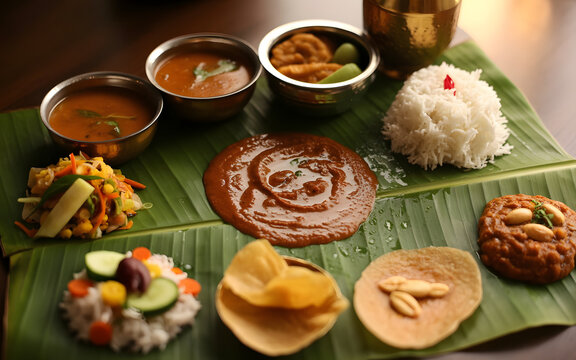 Traditional Karnataka Thali Featuring Bisi Bele Bath, Rice, Sambar, Rasam, Vegetable Palya, Kosambari, Papad and Payasam Served on Banana Leaf with Brass Bowls in South Indian Temple Cuisine Setting