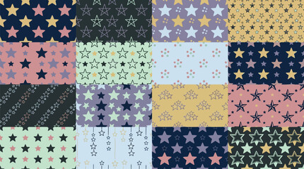 Fototapeta premium Assorted star patterns in vector illustration with diverse color palettes for seamless design