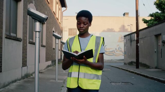 Consulting black notebook, teen wearing yellow vest inspecting camera posts on narrow lane, noting
