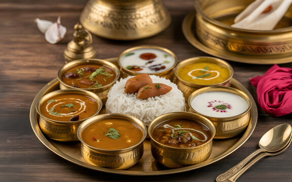 Authentic Himachali Dham Thali Featuring Madra Curry, Rajma, Steamed Rice, Fresh Curd and Sweet Rice Served on Traditional Metal Plates, Rustic Himalayan Mountain Cuisine and Cultural Feast