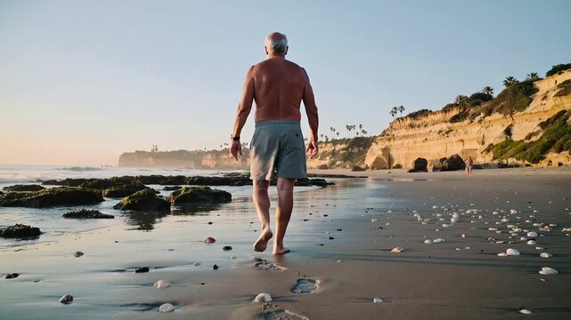 Camera pulling back, showing senior male wearing light shorts exposing calf scar, walking to cliffs