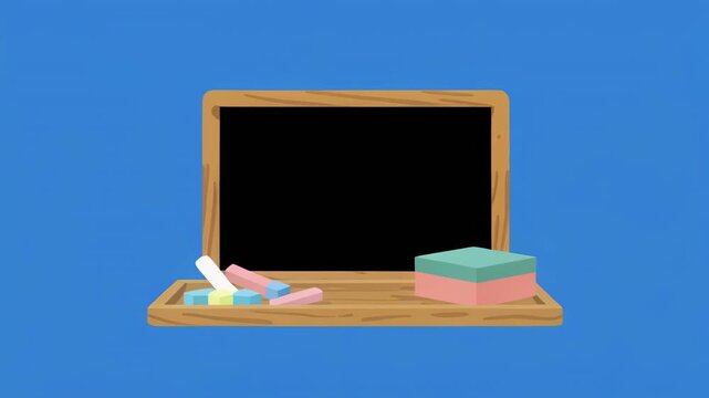Blackboard with chalk and eraser on a desk under bright studio lighting with copy space for text