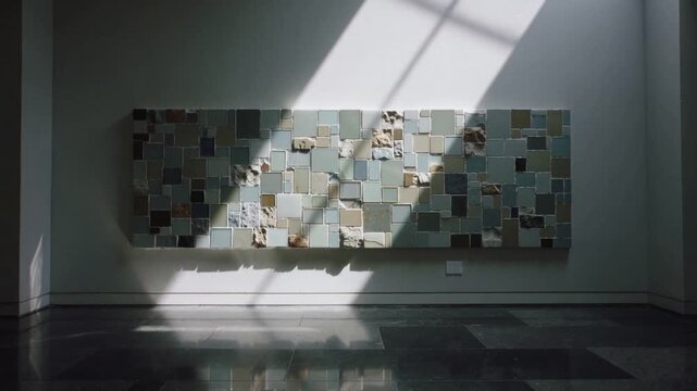 Pulling camera back, sunlight sweeping across mosaic at gallery, revealing glazed tiles and outlet