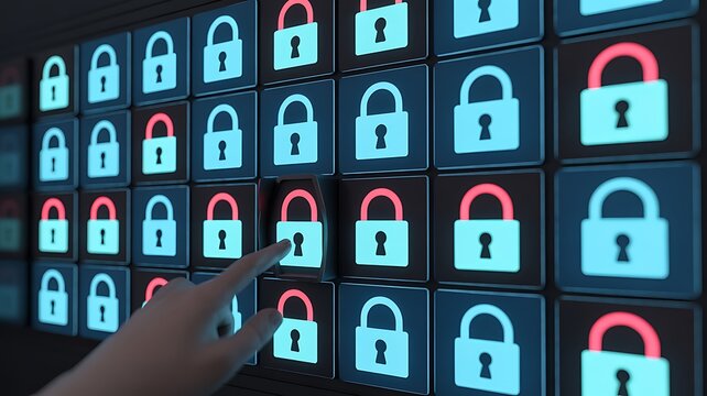 Digital Security Concept with Holographic Lock Icons and Unlock Symbols Displayed on Laptop Screen in Dark Setting for Cyber Protection. Entropy.