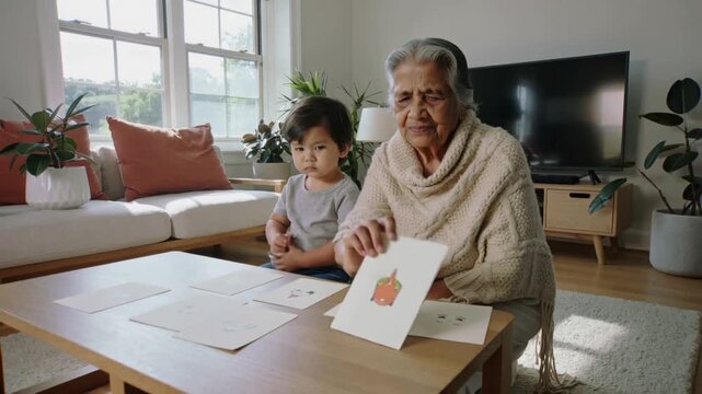 Reaching grandma in knit shawl sliding and lifting flashcards on low table at home, guiding toddler