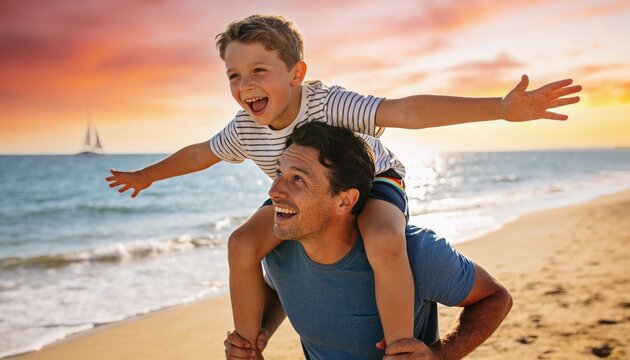 Happy father giving young son a piggyback ride on a sandy beach at sunset, family bonding and summer vacation fun with child playing airplane during golden hour travel