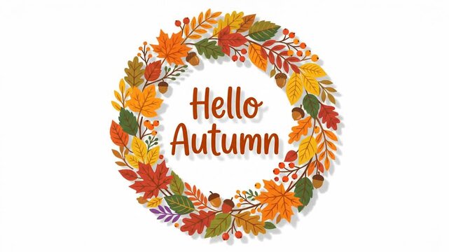 Hello Autumn seasonal greeting typography framed by colorful fall foliage wreath