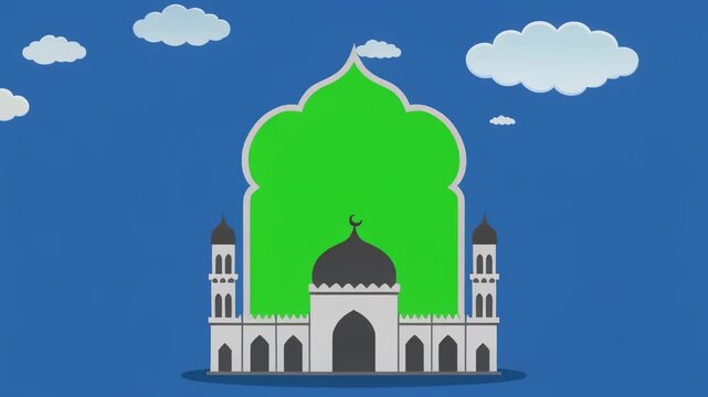Islamic mosque building with green screen background during daytime with clouds and a distant cityscape