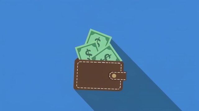 Money overflowing wallets against a blue background with dynamic shadows and subtle movement
