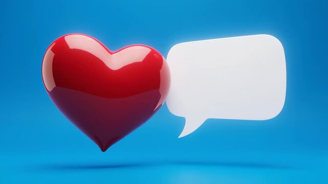 Red Heart communicates with speech bubble on blue background in cinematic motion