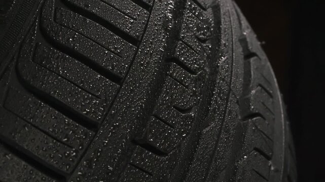 Wet Tire Tread on Black Background. The surface of a car tire covered with shiny drops of water floats slowly in front of the camera close-up on a black background