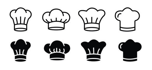 Obraz premium Professional chef hat toque kitchen headwear icon set in line and solid style. Stylized culinary headwear designs for restaurant branding, kitchen logos, cooking apps, and food industry graphics. 