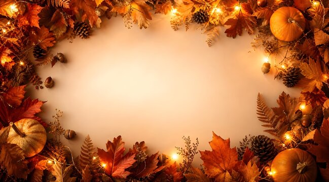 Festive autumn frame with pumpkins, leaves and warm seasonal glow