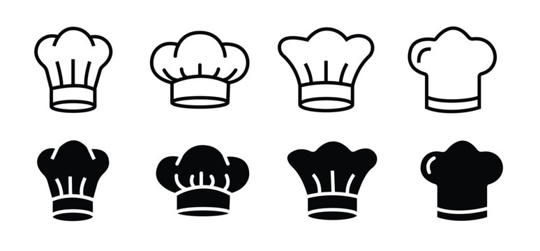 Professional chef hat toque kitchen headwear icon set in line and solid style. Stylized culinary headwear designs for restaurant branding, kitchen logos, cooking apps, and food industry graphics. 
