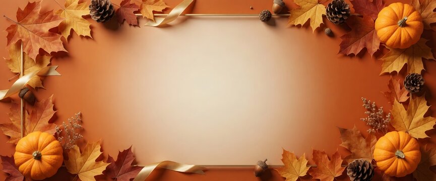 Wide autumn leaf and pumpkin border with warm seasonal copy space