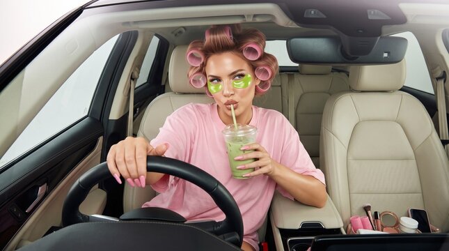 Woman with Hair Rollers and Eye Patches Drinking Smoothie in Car