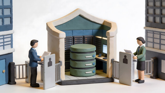 Secure data center with server racks and professionals, illustrating cloud computing, data storage, cybersecurity, network security, digital infrastructure, and IT operations.