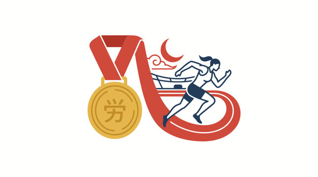 running medal sport winner gold female runner and championship medal illustration. SVG Editable. Vector Illustrations.