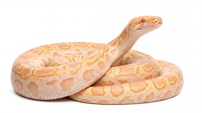 Albino python snake with beautiful golden patterns coiled elegantly in a high resolution studio photograph isolated on white background