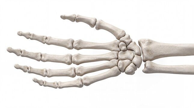 Human hand skeletal structure showcasing detailed joints and finger bones rendered in a realistic anatomical style isolated on white background