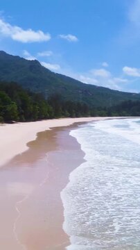 Vertical aerial view of the foreshore at Grande Anse in Seychelles showing turquoise water, white sand and lush tropical coastal vegetation.