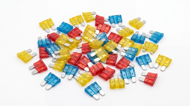 Assorted colorful automotive blade fuses scattered in a random pile with vibrant yellow red and blue plastic components on white background