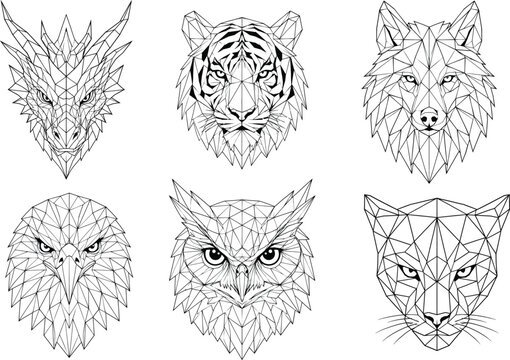 Geometric animal heads collection featuring a dragon tiger wolf eagle owl and cat