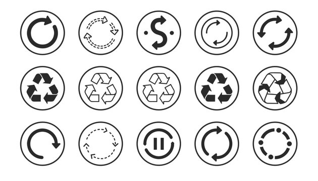 Collection of fifteen black and white circular recycling icons and rotation arrows promoting sustainability.