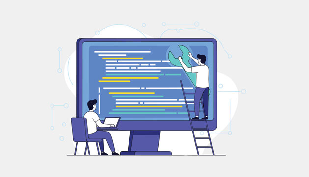 Two developers working on a massive screen with code, where one programmer uses a wrench to debug the program on a ladder.
