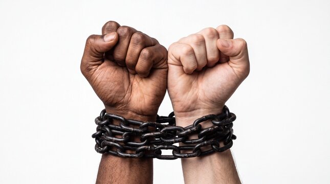Interracial raised fists bound together by heavy iron chains showing unity and strength against oppression captured on white background