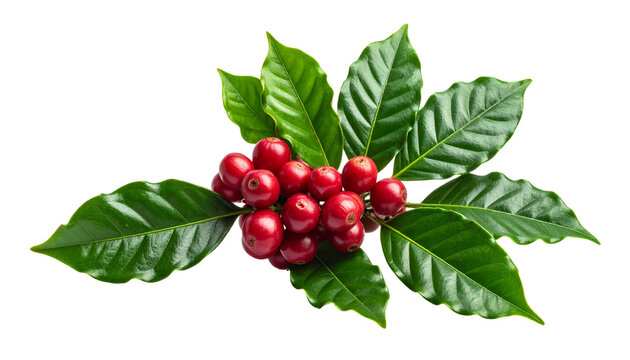 A fresh coffee plant branch with glossy green leaves and clusters of ripe red coffee cherries, isolated on transparent background.